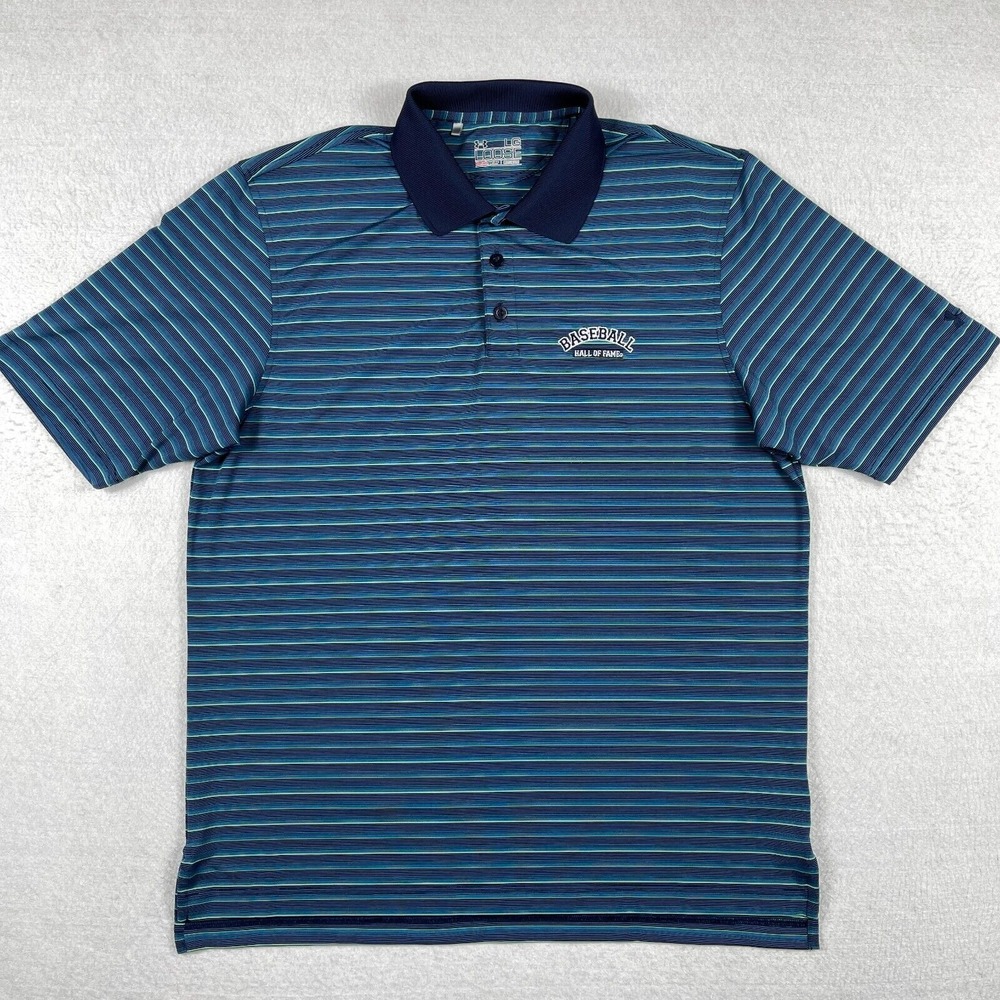 Under Armour Polo Shirt Mens Large Loose Blue Striped Baseball Hall Of Fame